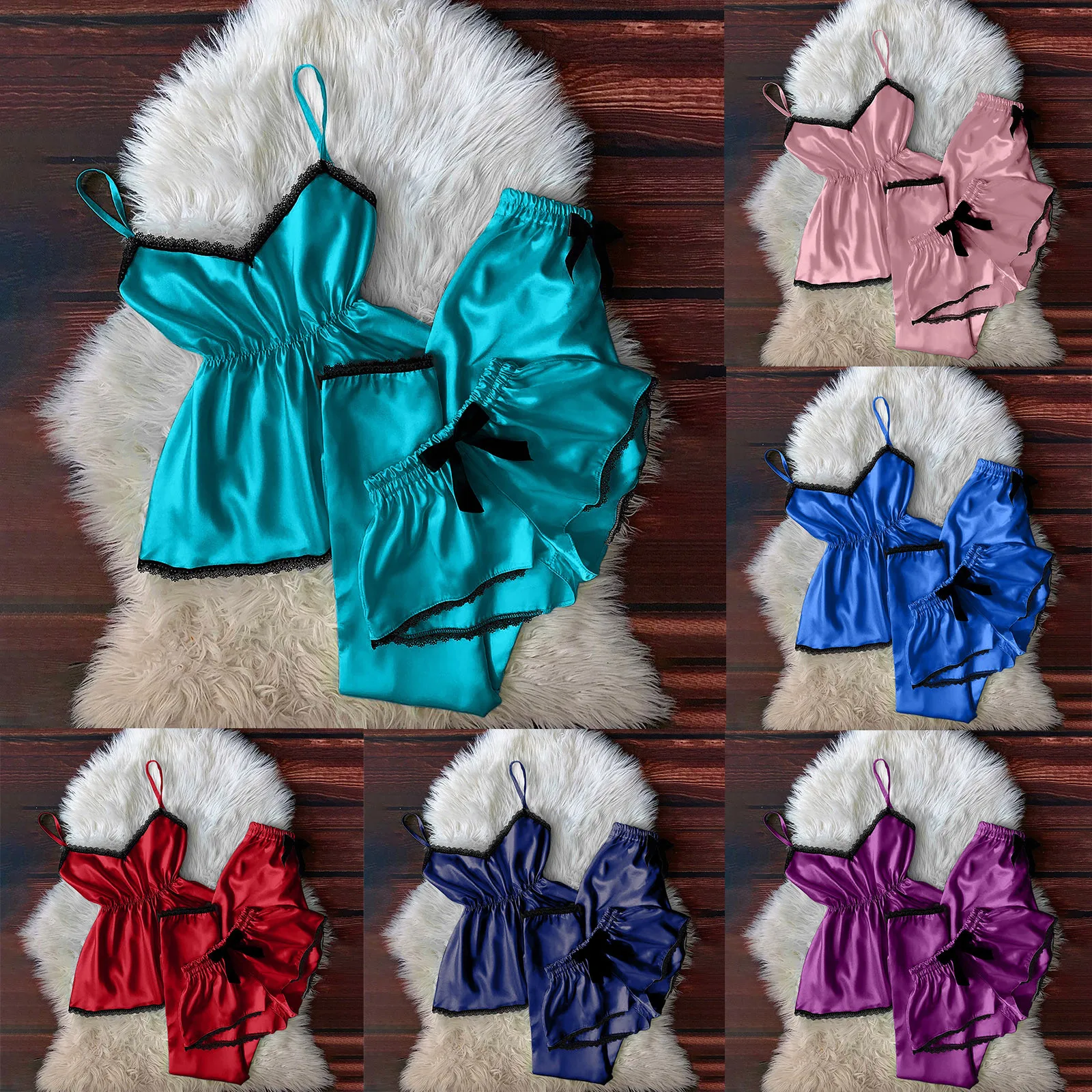 

Women Pajamas Sets V-Neck Lace Sexy Stain Camisole Nightwear Bowknot Shorts Trousers Set Sleepwear femme sexy lingerie пижама q5