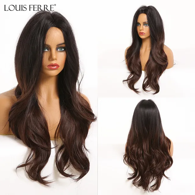 LOUIS FERRE Highlight Colored Wig for Women Long Wave Brown Blonde Ombre Bob Hair Wig with Bangs Daily Heat Resistant Fibre wig lc254-1