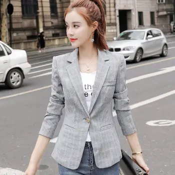 

PEONFLY Fashion 2020 Autumn Single Button Plaid Blazer Women Long Sleeve Pockets Slim Blazer Casual Jacket Blazer Female
