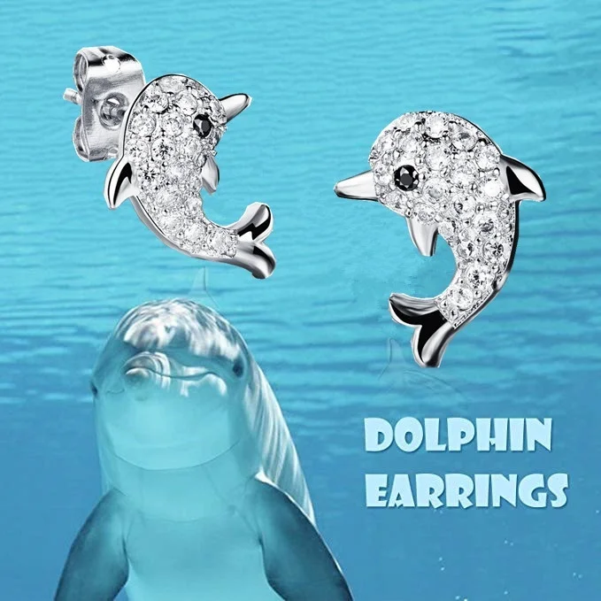 

White Gold Brilliant Cut Zircon Dolphin Stud Earrings Cute Sweet Animal Whale Earrings Valentine's Day Christmas Gifts for Women