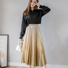 Осень корейский стиль; с плиссировкой; кавайная юбка до середины икры принт Повседневное империи Для женщин юбки Высокая Талия Винтаж женские привлекательные офисные туфли изящная юбка; одежда