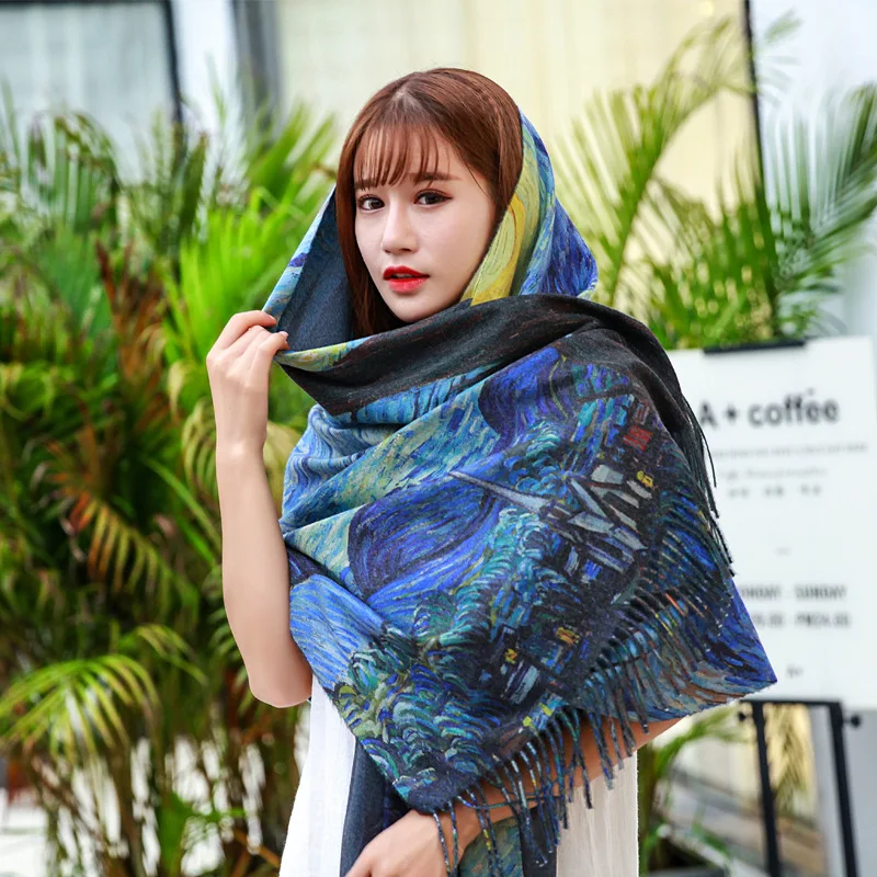 Big Promo 04yCc Two Sides New Cashmere scarf Fashion women Starry sky Oil Painting Digital Printing shawl and wraps bandana female foulard tasse Big Promo 04yCc Two Sides New Cashmere scarf Fashion women Starry sky Oil Painting Digital Printing shawl and wraps bandana female foulard tasse