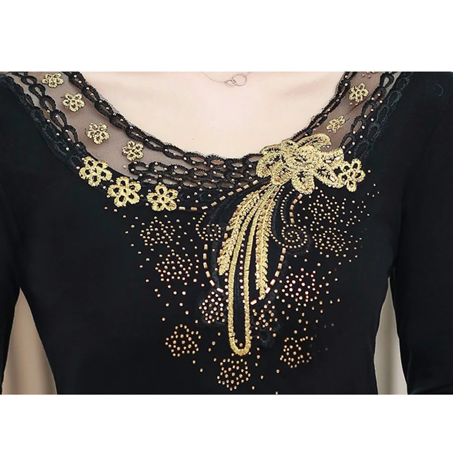  Lace blouse shirt slim women blouses 2019 autumn and winter Embroidery V-neck stitching Diamonds pl