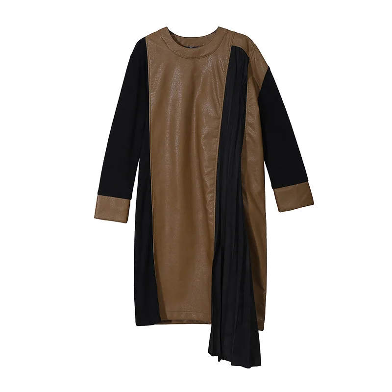 XITAO размера плюс лоскутное платье из искусственной кожи женская одежда зима ассиметричный пуловер полный рукав подходит ко всему элегантное платье Новинка ZLL4524 - Цвет: khaki    ZLL4524