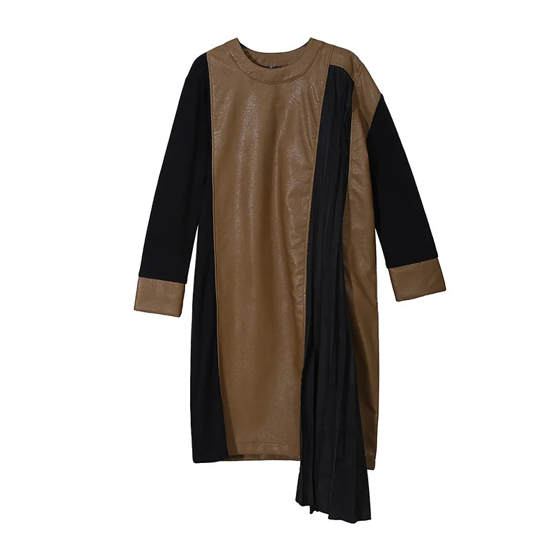 khaki ZLL4524 XITAO размера плюс лоскутное платье из искусственной кожи женская одежда зима ассиметричный пуловер полный рукав подходит ко всему элегантное платье Новинка ZLL4524 - Цвет: khaki ZLL4524