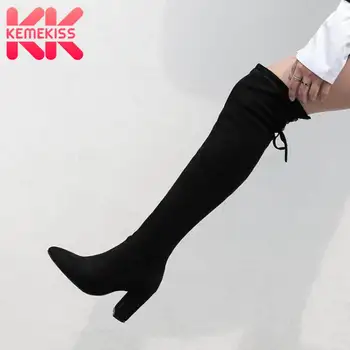 

KemeKiss Plus Size 32-46 New Winter Thigh High Boots Women High Heels Stretch Shoes Women Lace Up Pointed Toe Party Footwear