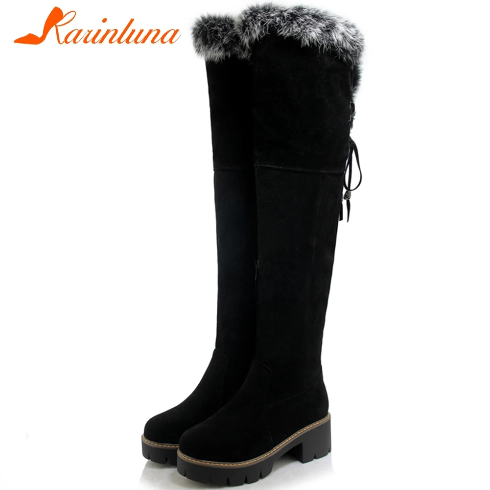 

KARINLUNA New Ladies Platform Party Ol High Chunky Heels Boots Women Fashion Faux Fur Non Slip Boots Over The Knee Shoes Woman