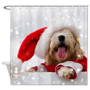 

Christmas Decorations Tree Ornament Santa Puppy Dog Maltese Decorative Shower Curtain, Repellent Rustproof Bath Curtain, 72x72
