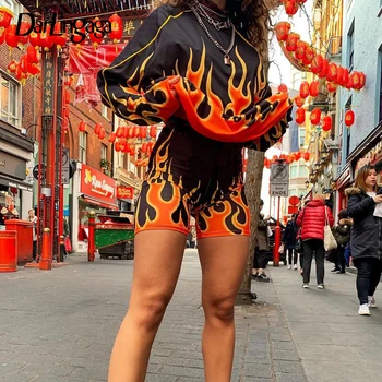 

Darlingaga Streetwear Flame Fire Print Two Piece Women Tracksuit Festival Loose Pullover Top Biker Shorts Outfits Matching Sets