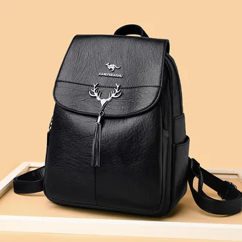

2020 Trend Black PU Leather Preppy Style Backpack for Women Simple Tassel School Bag for Teenage Girls Large Capacity Backbag