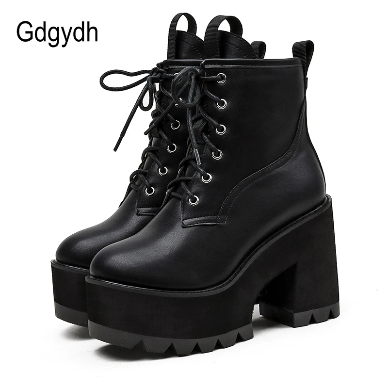 

Gdgydh Wholesale Women's Shoes Spring Autumn Square Heel Female Footwear High Heels Ankle Boots Platform Black Punk Lace UP New
