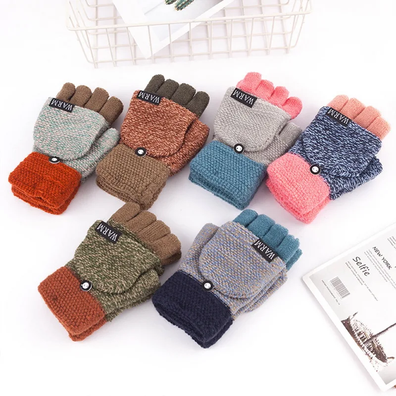 

Winter Warm Wool Gloves Fashion Design Half-fingers Fliping Glove With Button Female Knitted Thick Gloves Mittens Men Women