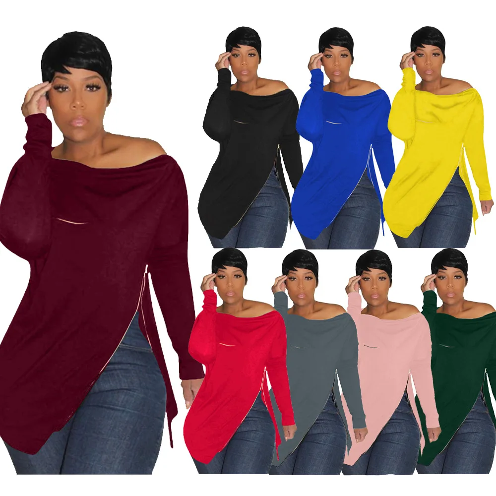 

Autumn New Plus Size Solid Women Long Sleeve T Shirts Off The Shoulder Side Split Tops Tees S M L XL XXL 3XL