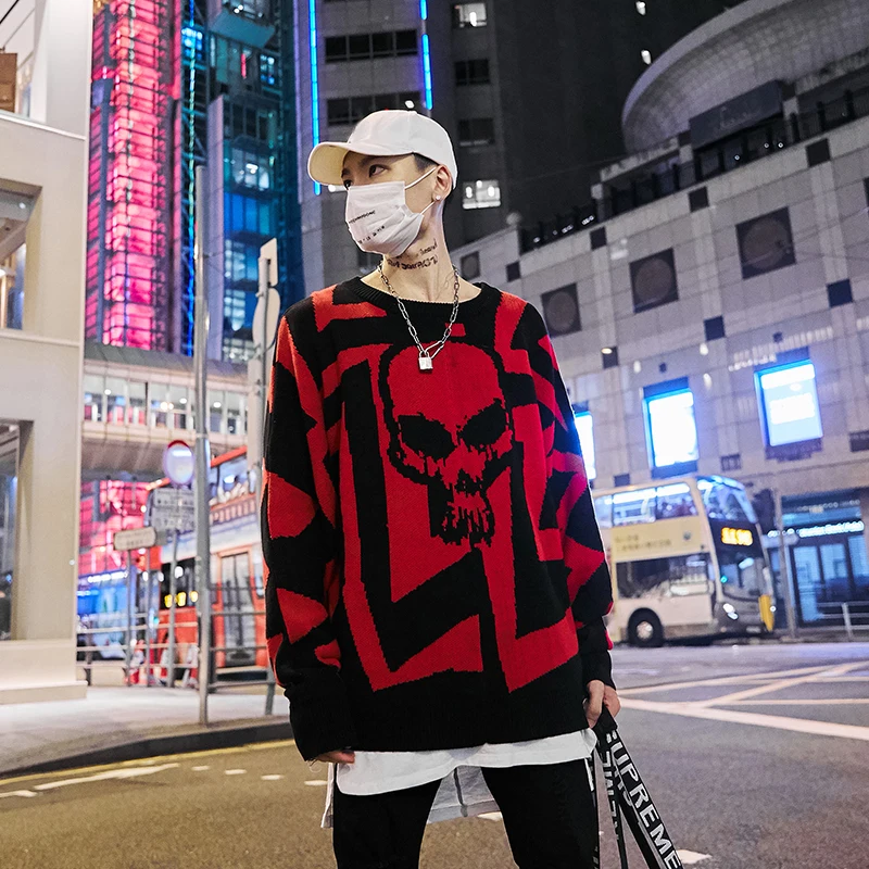 Batwing Sleeve Knitted Sweater Skull Pattern Hip Hop Sweater Round Neck Fall Loose Pullover
