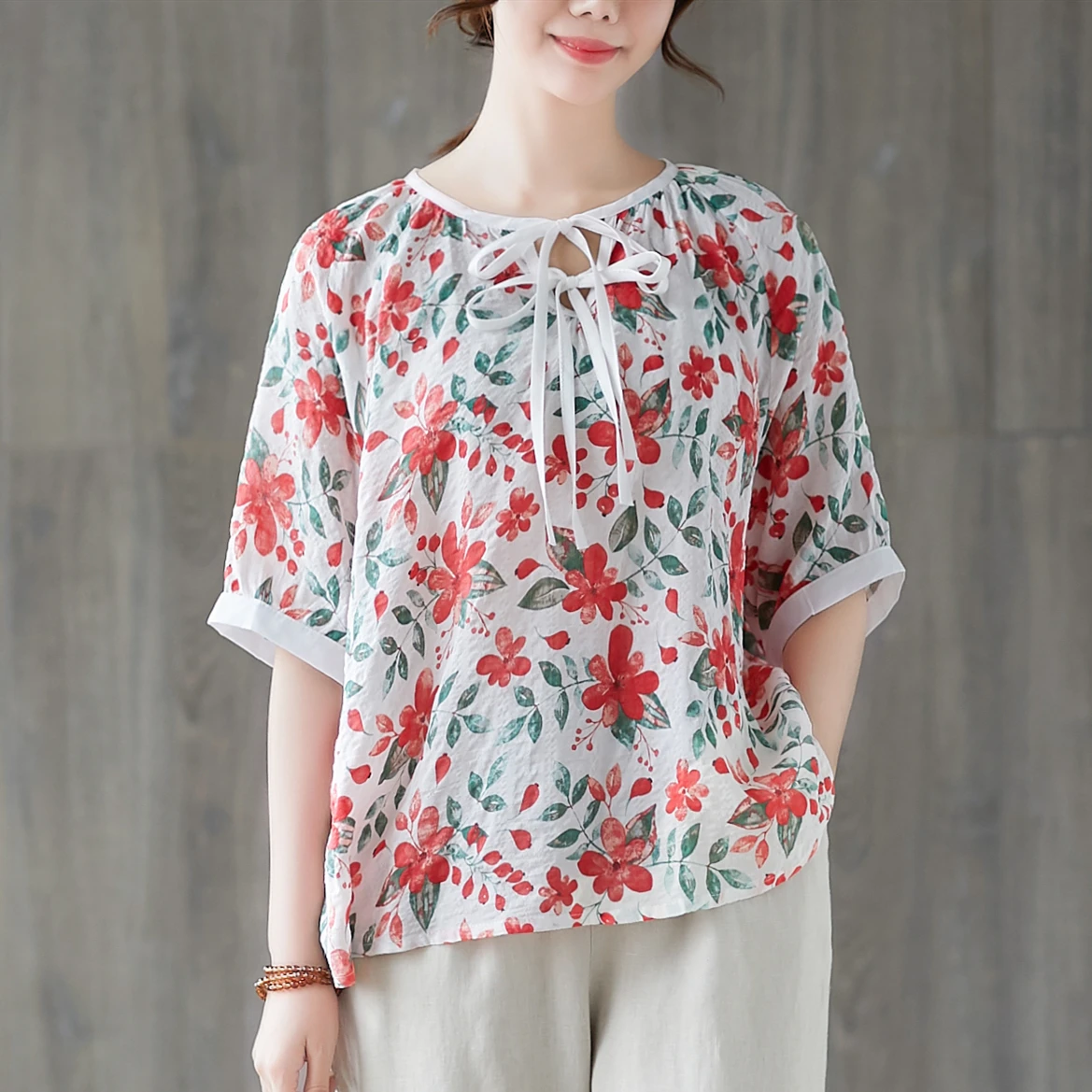 Весна-лето 2020 новая хлопковая и льняная рубашка с цветочным принтом Женская