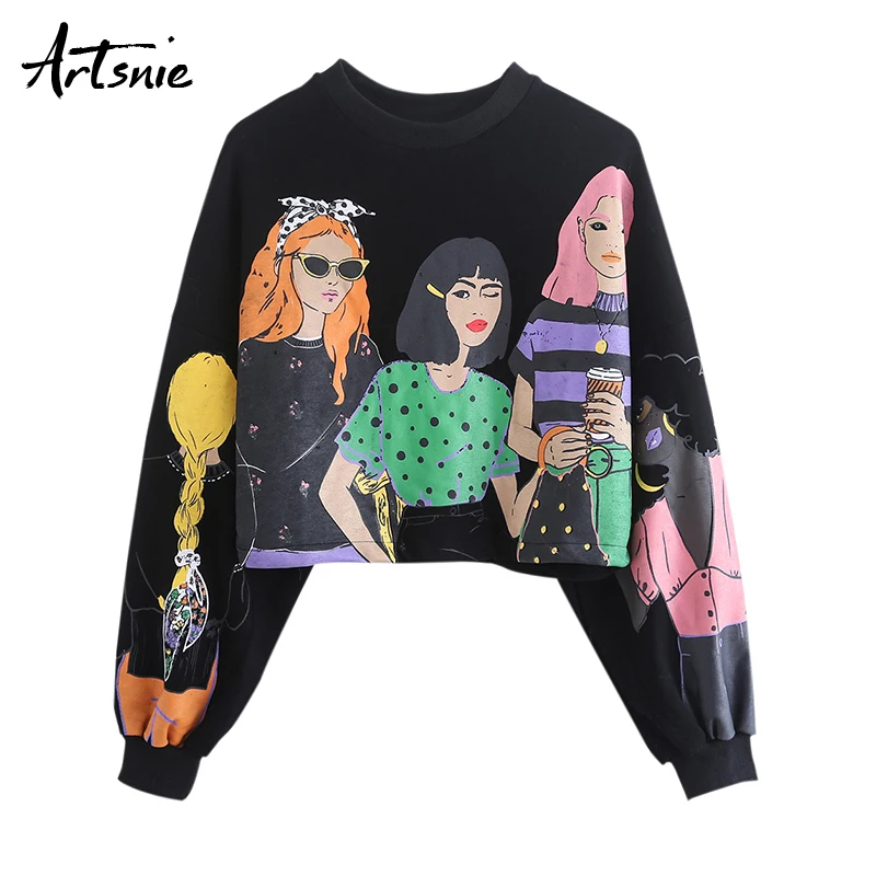 Artsnie character print women sweatshirt winter o neck long sleeve oversized hoodies black streetwe