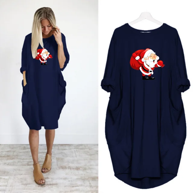 Navidad Women Dress Christmas Pocket Casual Loose Vintage Party Fall Clothes Santa Claus Kawaii Womens  Dresses D002M543 Blue