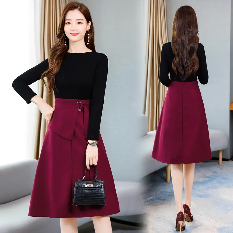 

Dress Two-Piece Set 2019 Autumn And Winter New Style WOMEN'S Dress-Style Korean-style Elegant Slim Fit Slimming Set Skirt Fashio