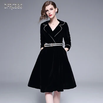 

2019 Autumn Winter Elegant Medium Long Women's Woolen Coat With Belt Black Covered Button Collect Waist Female Velvet Coat