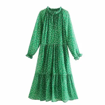 

New Women vintage v neck printing green color chiffon midi dress Ladies agaric lace Vestidos Chic casual straight Dresses DS3400