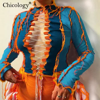 

Chicology 2020 Fashion Lace Up Patchwork Tshirt Women Long Sleeve Crop Top Winter Fall Clothes Streetwear Sexy Club Festival