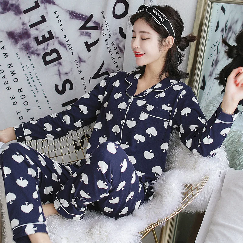 

Korean-style Casual Women's Pure Cotton Pajamas Spring Sweet Cute Peach Heart Open Front Home Wear Slim Fit Set