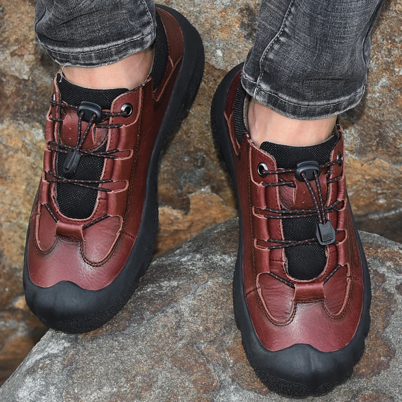 Золотистая обувь в стиле ретро для мужчин; красная обувь из натуральной кожи; мягкие треккинговые мужские кроссовки; Новинка; тактическая обувь для горного туризма