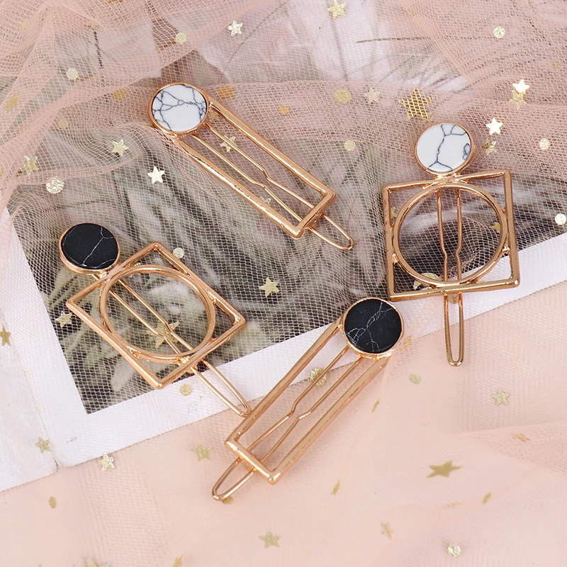 New Hot Metal Circle Square Hair Clips For Women Girls Natural Stone Hairpins Barrettes Wedding Hair Clip Accessories Wholesale