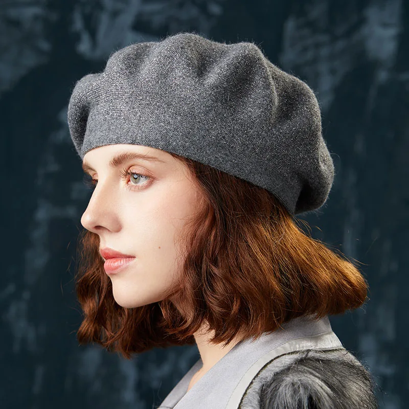 Вязаный берет, шапка новые модные Зимние береты Femme классический бренд высокое качество чистая шерсть кашемир женская шапочка шапки - Цвет: Темно-серый