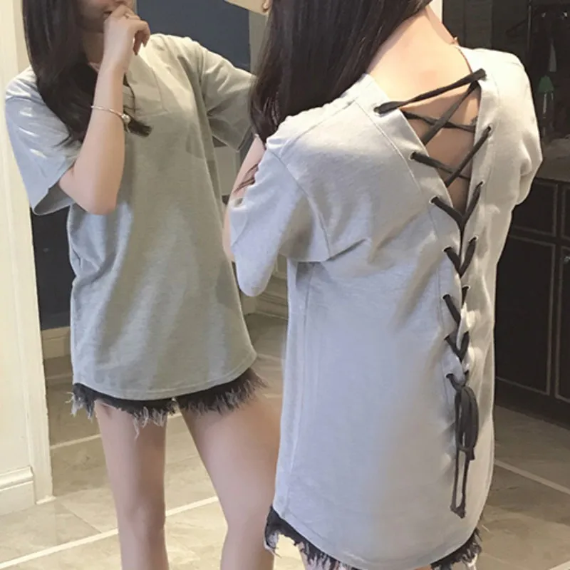 

Women Summer T Shirt Back Bandage Short Sleeve Korean Loose Harajuku Tee Shirt Femme Fashion Tops Camisetas Mujer 3XL 4XL
