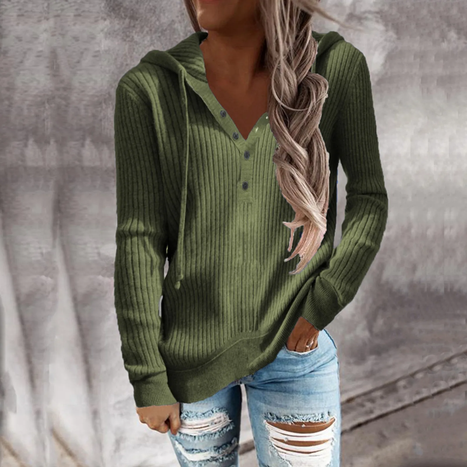 Women's Casual Slim Knitted T-Shirts Ladies Casual Solid Color V-neck Button Drawstring Hooded Loose Long Sleeves Tops 1
