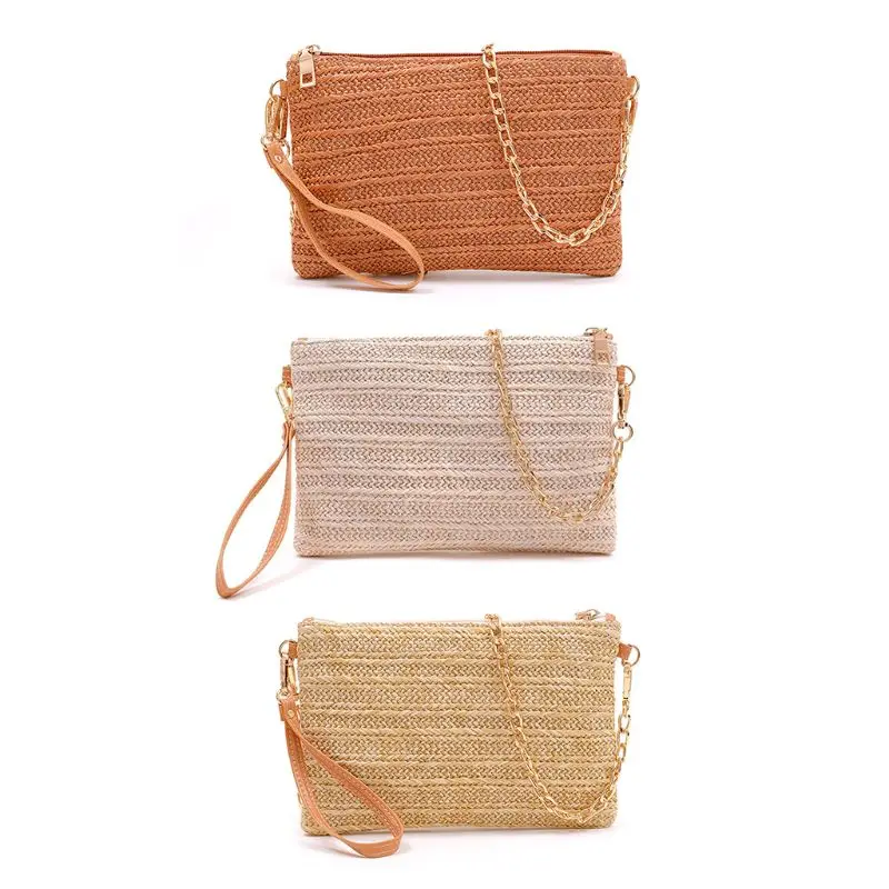 

Women Straw Crossbody Bag Chain Vintage Shoulder Bags Strap Handles Summer Ladies Small Zipper Handbags F42A