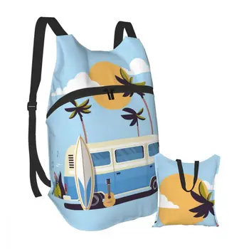 

Foldable Backpack Waterproof Travel Men bag Summer Vacation Surf Bus Sunset Tropical Beach Retro Surfing