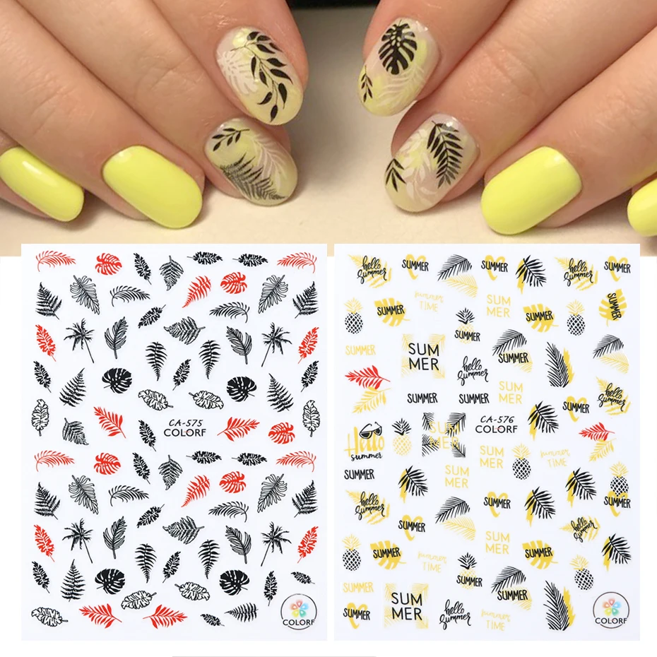 

1pc Autumn Leaf 3D Sticker Yellow Decals for Nail Slider Flower Black Purple Design Adhesive DIY Nail Polish Sticker LECA574-584
