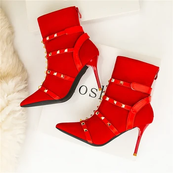 

2019 Fashion Luxury Women 9cm High Heels Fetish Rivets flock Sock Boots Stiletto Ankle Boots Scarpins Studded Red Spring Shoes