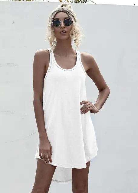 Solid Casual O-neck Sleeveless Tank Dress Women Loose Off Shoulder Asymmetrical Cotton Mini Dress Summer Y2K Vestidos Streetwear 4