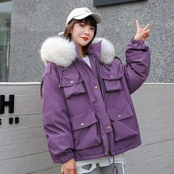

2020 Winter Coat Women Solid Hooded Short Style Female Jacket With Big Fur Plus Size Loose Casual Thick Women's Parkas
