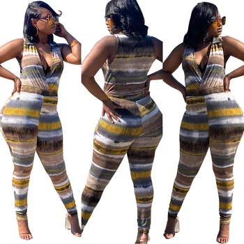 

Summer Female Jumpsuit Trendy Tie-dyed Striped Lapel Sexy Sleeveless Skinny Casual Jumpsuit For Women