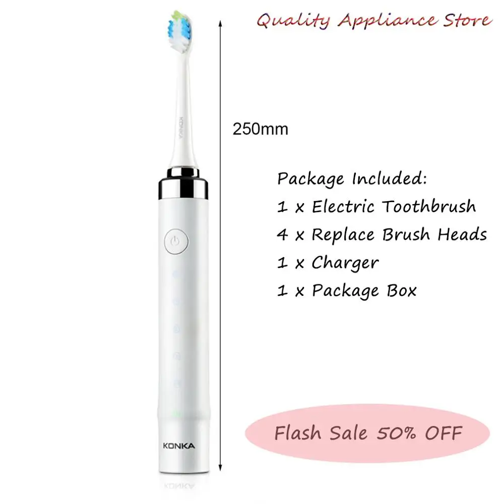

KONKA Electric Ultrasonic Toothbrush Massage Waterproof Whitening Toothbrush Smart Timer With 4 Replacement Toothbrush Heads New