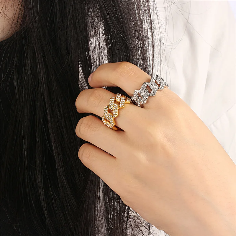 Hiphop Ring Silver Color Cuba Chain Ring Iced Out Paw Setting Micro Crystal Ring For Woman Men Engagement Wedding Finger Jewelry