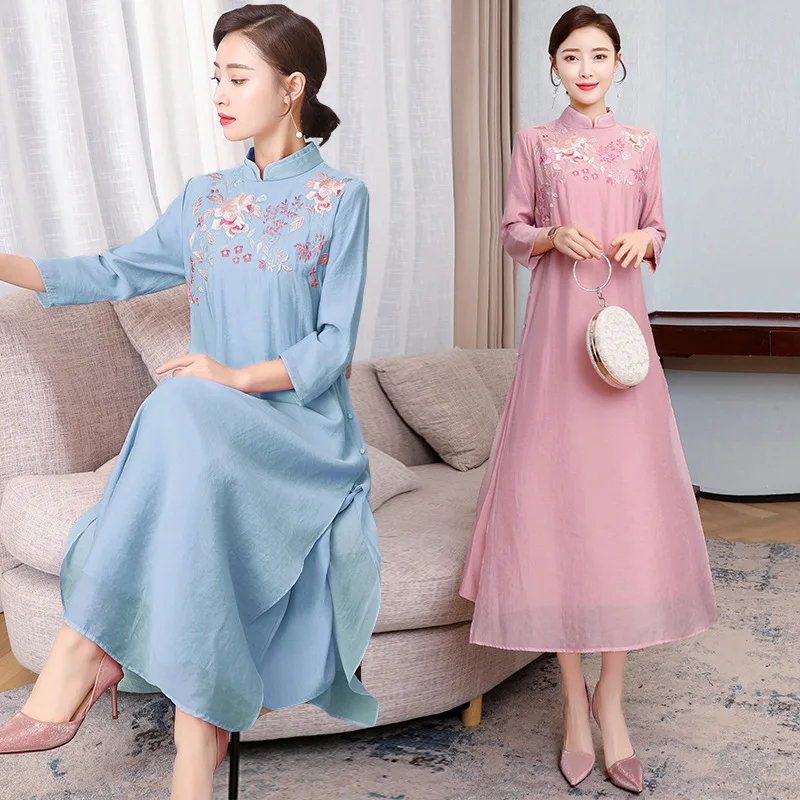 

Chinese Clothing Women's Ethnic-Style Dress 2020 New Style Tencel Cheongsam Modified Version of Literature And Art Retro Tea Ser