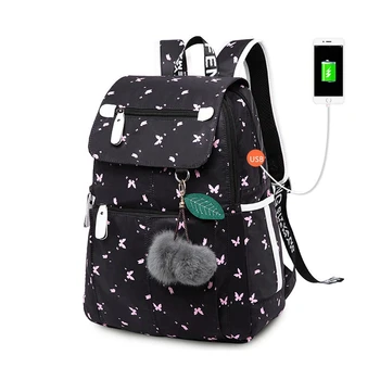 

FengDong Fashion School Backpack Usb School Bags Black Backpack Plush Computer Bag Waterproof Travel Bag