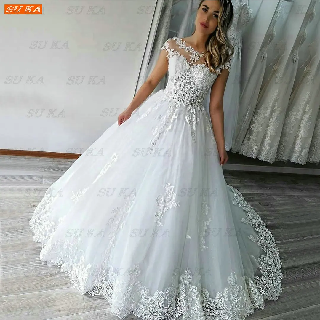 dresses for wedding Gorgeous White Wedding Gown 2022 Vestido De Noiva Fluffy Tulle Ivory Custom Made Robe De Mariage O Neck Appliqued Bride Dresses summer wedding guest dress