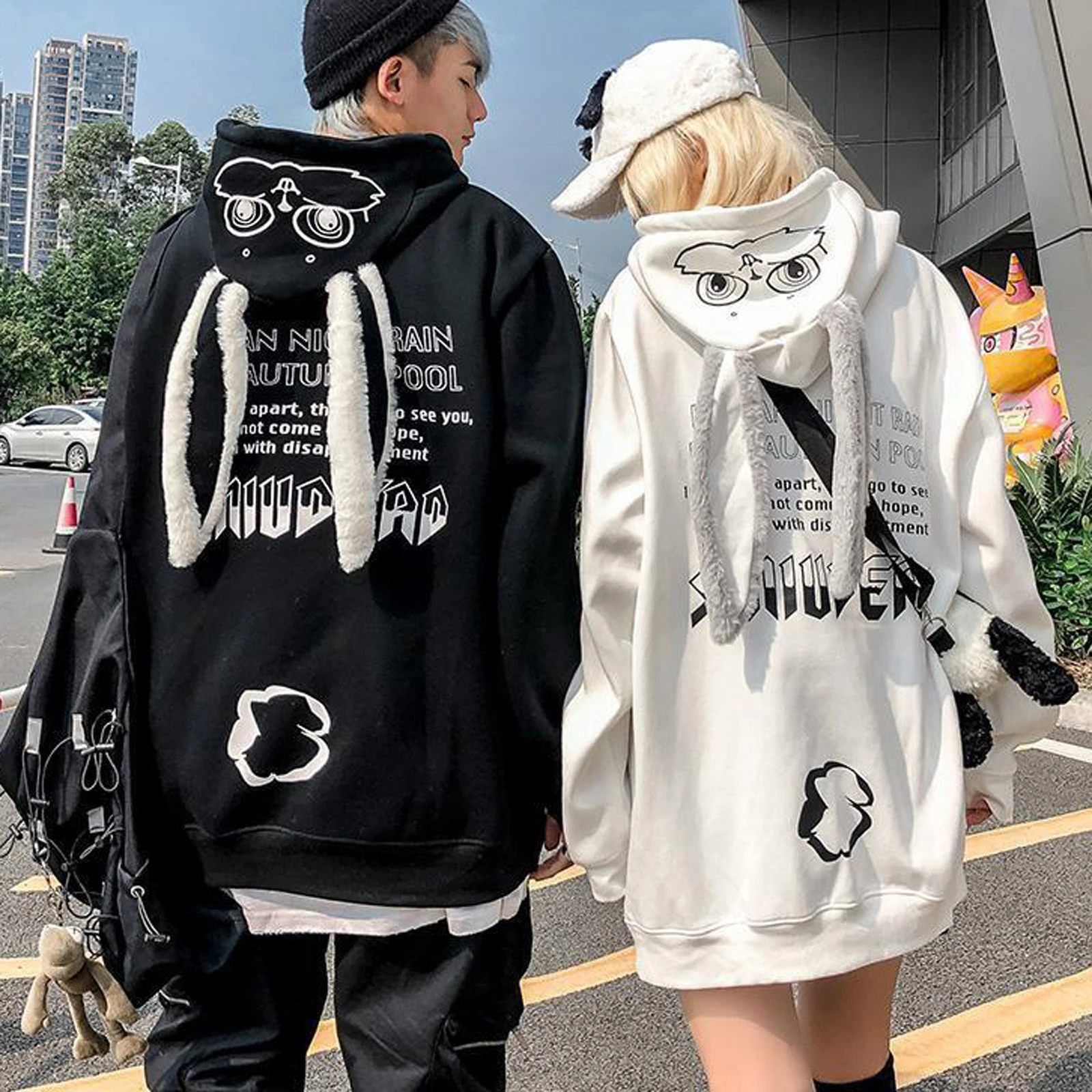 Sudadera de conejito con de conejo para hombre y mujer, ropa de calle Y2k, sudadera de terciopelo grueso con capucha, abrigo de gran tamaño, unisex|Sudaderas con capucha y sudaderas| - AliExpress