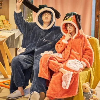 

Pajamas Suit Flannel Lovers Kimono Robe Gown Cartoon Sleepwear Cute Coral Fleece Nightwear 2PCS Shirt&Pants Hooded Home Clothes