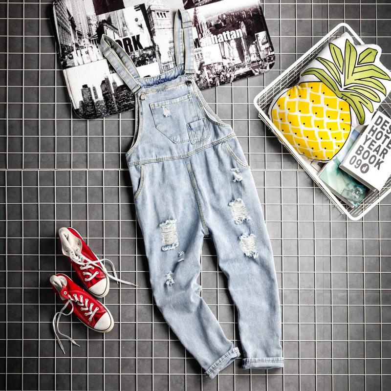 

Mens Hip Hop Loose Denim Bib Overalls Male Streetwear Ripped Jeans Jumpsuit Men Casual Suspender Working Cargo Denim Pants Blue