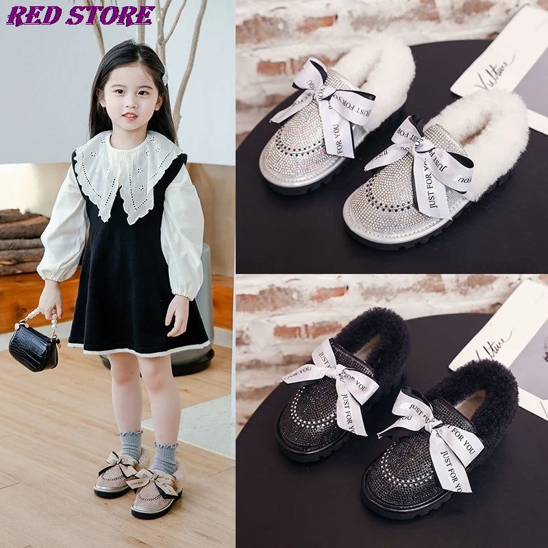 

Bling Boots Kids 2020 Korean Winter Girls Felt Warm Rhinestones Princess Plush Bowtie Boots Boot Shoes Girl Children Footware