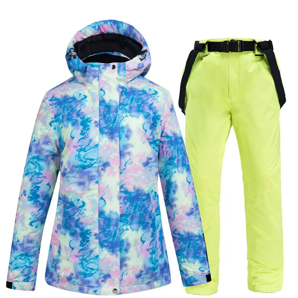 fluorescent green Плотный теплый лыжный костюм, водонепроницаемый ветрозащитный лыжный и сноубордический комплект из куртки и штанов, женские зимние костюмы, верхняя одежда - Цвет: fluorescent green