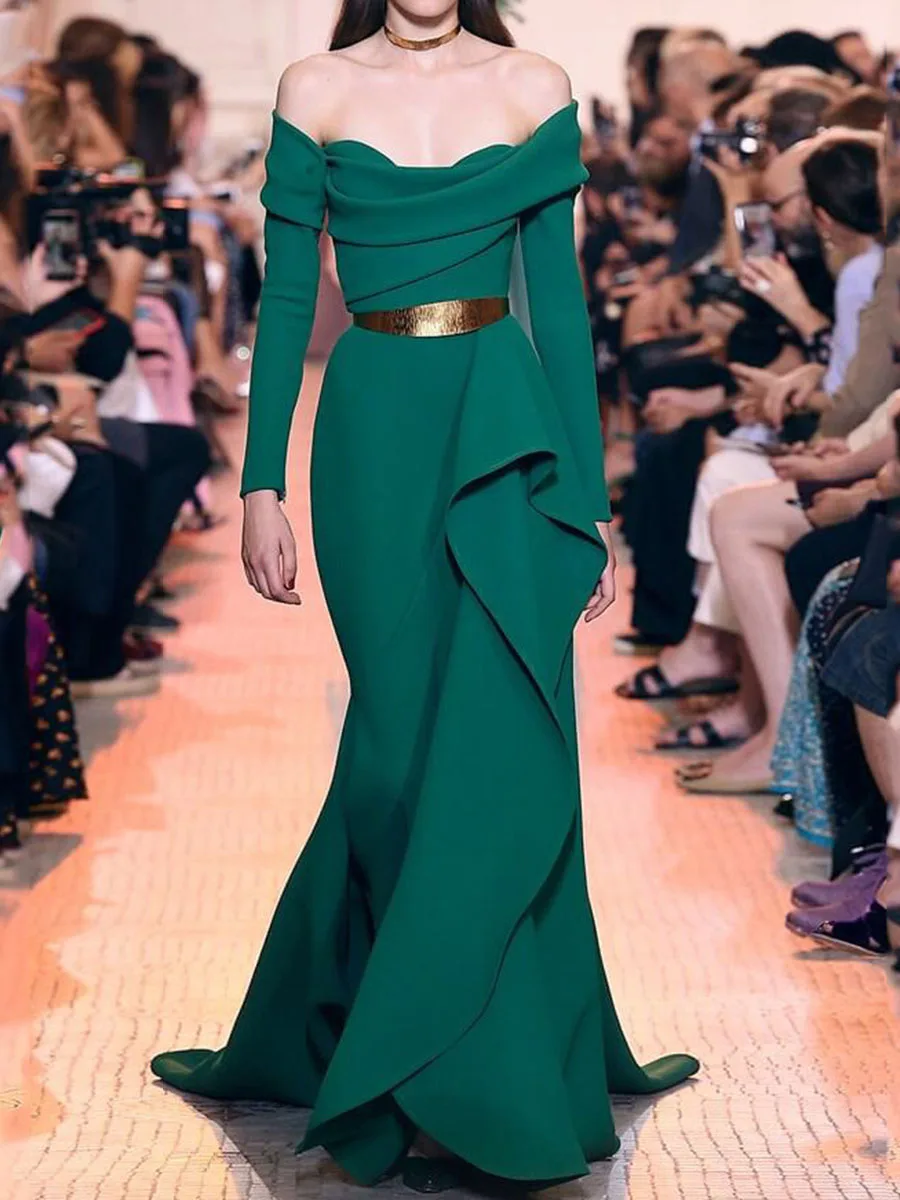 

Asymmetrical Evening Dresses Off Shoulder Floor-Length Long Sleeve Fashion Patchwork Showgrounds Formal Party Dress For Women