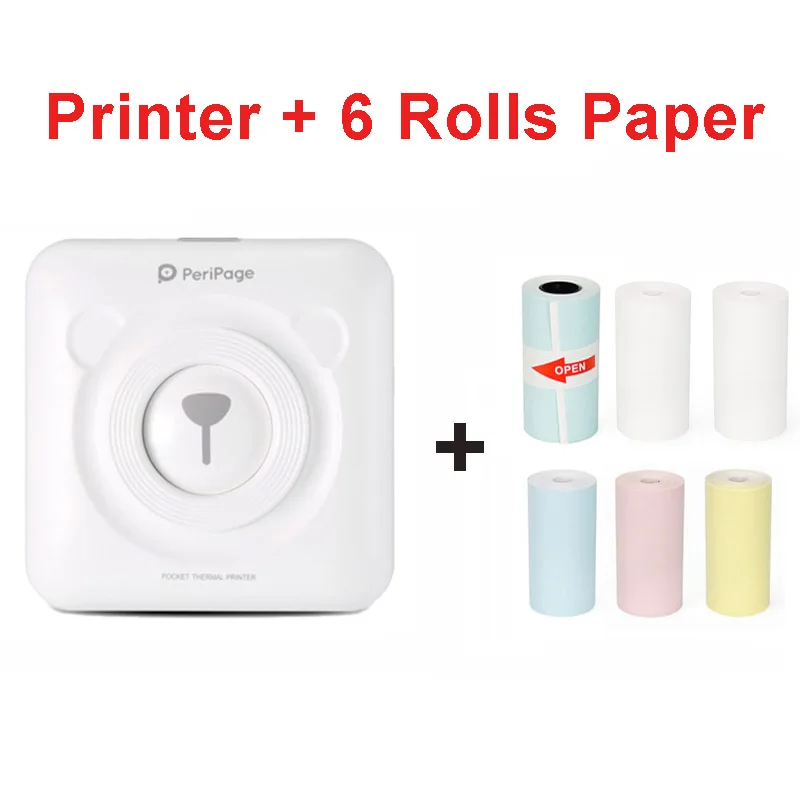 White 6 Rolls Papers Мини портативный термальный Bluetooth принтер 58 мм Ручной Карманный фотопринтер для мобильного телефона Android iOS PeriPage Рождественский подарок - Цвет: White 6 Rolls Papers